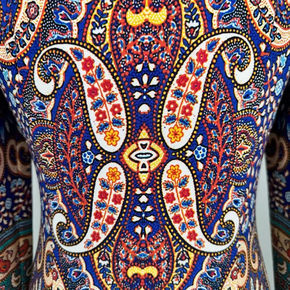 Boho Paisley Beaded Neck Cocktail Sheath Dress Teal Multi Size 10